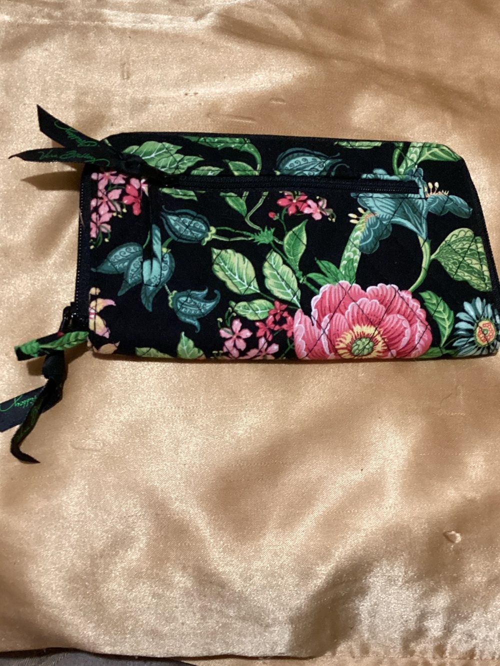 Vera Bradley Black Floral Cosmetic Wristlet with Pink & Green Blooms